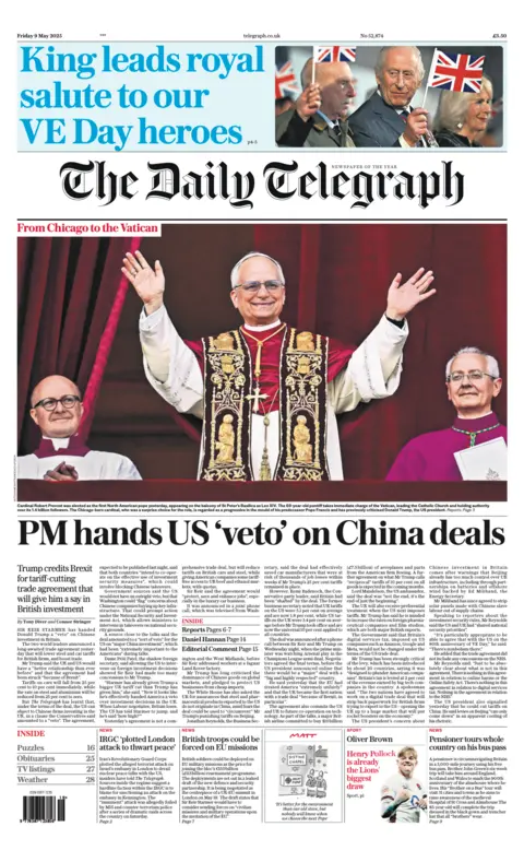 The headline on the front page of the Daily Telegraph reads "PM hands US 'veto' on China deals' 