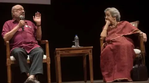 Getty Images Veteran director, late Shyam Benegal (left) and Vijaya Mehta at a panel discussion in Mumbai