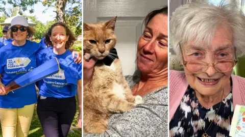 Three side-by-side images; on the left, two women with blue t-shirts hold a blue cricket bat, in the middle, a woman holds a ginger cat, on the right, a woman with grey hair and large glasses smiles at the camera.
