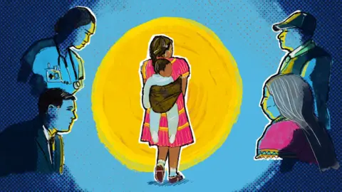 An illustrated woman wearing a pink and yellow dress carries a child on her back, at the centre of a stylised background with a large yellow circle in the middle and then a light blue circle around that. Surrounding her are four other illustrated people, including a medical professional with a stethoscope and individuals in civilian clothing, suggesting attention from healthcare, government and community figures.