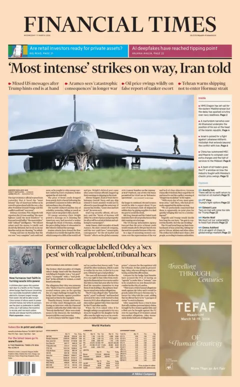 "'Most intense' strikes on way, Iran told," reads the headline on the front page of the Financial Times.