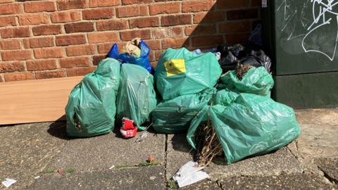 About five or six green bags of rubbish, some are open