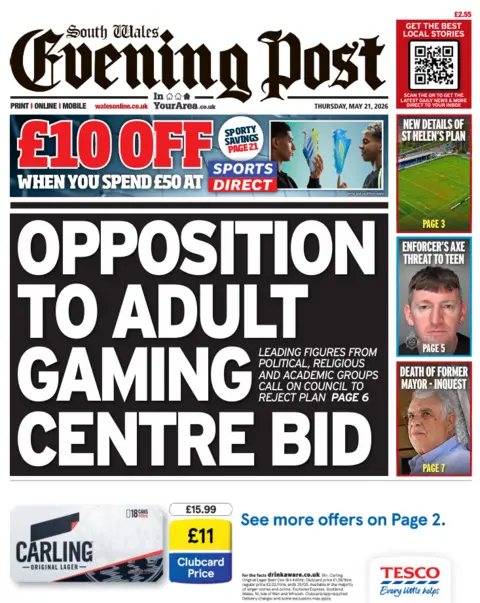 South Wales Evening Post South Wales Evening Post front page headline: Opposition to adult gaming centre bid