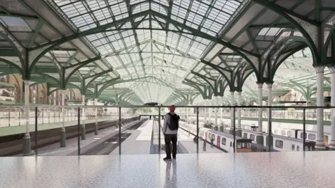 Network Rail An artist's impression of the upper level inside Liverpool Street Station, with green and white beams, glass barriers and white floors