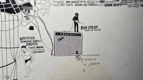 Illustrations on the wall of Bristol Beacon, including a wrestler, a list of famous names who have performed and Bob Dylan standing on a guitar amp next to the words Bob Dylan, Judas Tour May 1966