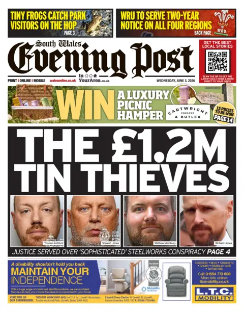 South Wales Evening Post South Wales Evening Post front page with headline: The £1.2m tin thieves and four police custody photos of the men. A subhead reads: Justice served over 'sophisticated' steelworks conspiracy. 
