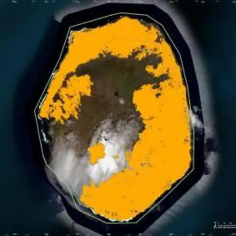 Copernicus Observation Programme Satellite image of Amsterdam Island with the areas affected by the fire shown in the orange. Around 55% of the island has been affected by the fire. 