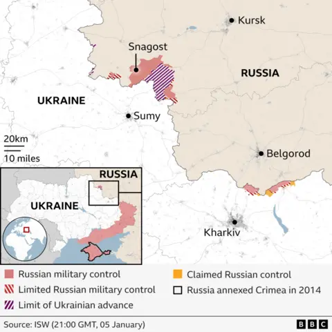 Map showing Russia's western Kursk region, and Ukraine's north-eastern regions of Sumy and Kharkiv