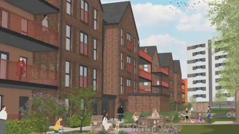 Artist's impression of the new apartments. They are several storeys high with balconies and gardens below.