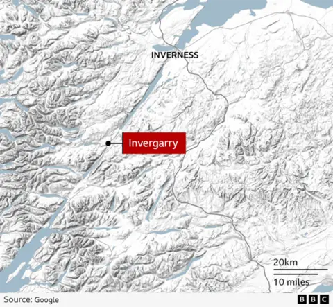 A map of the Highlands showing the locations of Inverness and Invergarry.