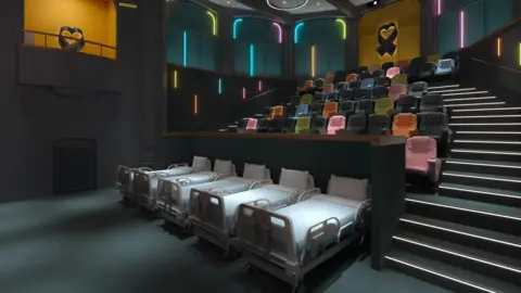Birmingham Children's Hospital Charity A cgi image of a cinema, on the front row are hospital beds