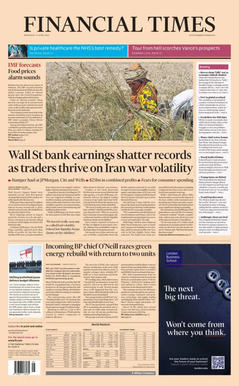 "Wall St bank earnings shatter records as traders thrive on Iran war volatility," reads the headline on the front page of the Financial Times.