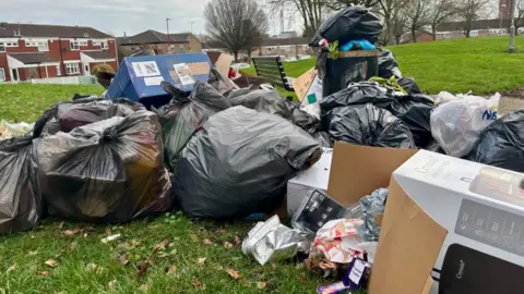 Lots of overflowing and split black rubbish bags and cardboard boxes left on a field