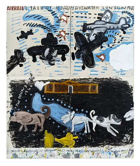 Rose Wylie/David Zwirner Rose Wylie, Park Dogs and Air Raid, 2017, aeroplanes rain down bombs from the sky with brown yellow and white dogs below.
