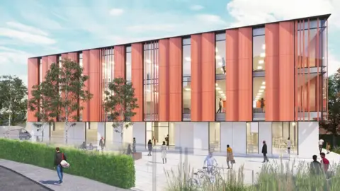 A CGI of the exterior of a new building with glass front and big pillars