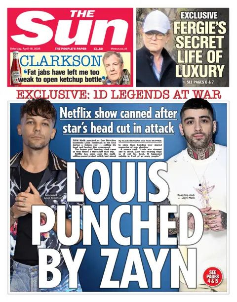 The headline on the front page of the Sun reads: "Louis punched by Zayn."