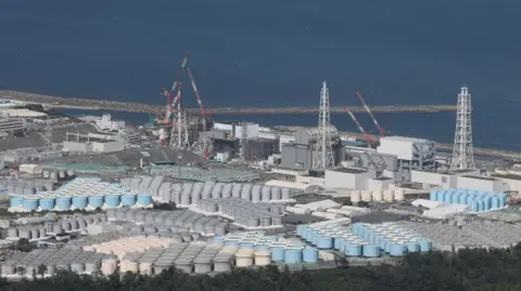 Getty Images This aerial picture shows storage tanks used for storing treated water at TEPCO's crippled Fukushima Daiichi Nuclear Power Plant