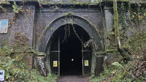 The Oxendon Tunnel, part of the Brampton Valley Way. There gates at the entrance of the tunnel and moss and ivy trailing up the sides of it.