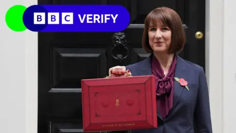 The Chancellor of the Exchequer Rachel Reeves stands in front of the door to 11 Downing Street. She is wearing a navy blue suit with a dark purple blouse, and is wearing a poppy. The photo is from the Autumn Budget announcement in 2024. She is holding up a red box to the press to symbolise the new budget of the UK government. The BBC Verify logo is in the top left corner.