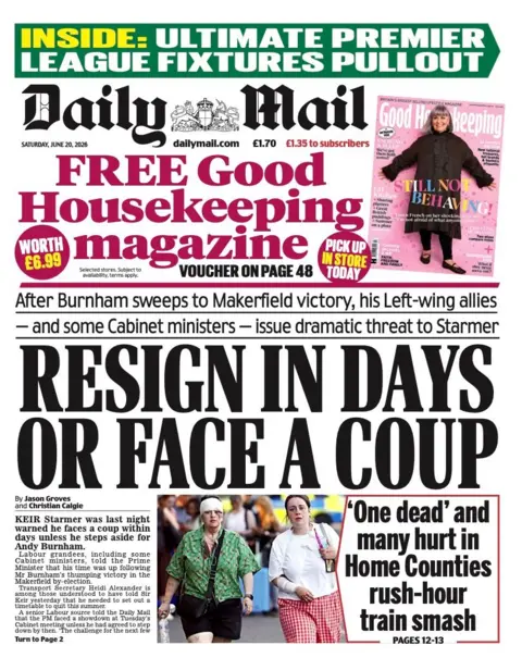 The headline on the front page of the Daily Mail reads: "Resign in days or face a coup."