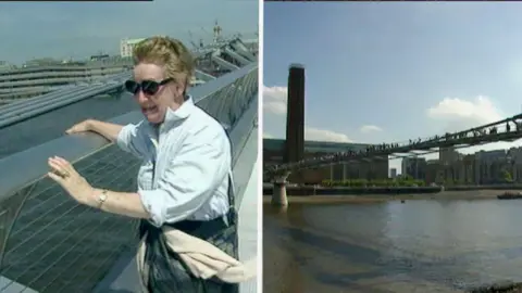 (Left) A woman clings to the bridge. (Right) A view of Millennium Bridge