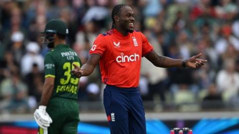 England bowler Jofra Archer celebrates taking a wicket