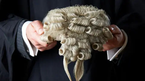 A pair of hands holding a barrister's wig, the person is wearing a white shirt and black robes. 