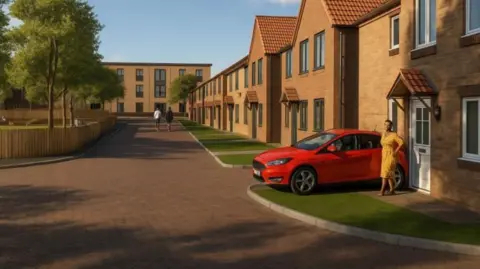 LP17 Design A graphic of a row of houses, featuring a red car on a drive and woman walking out of her door.