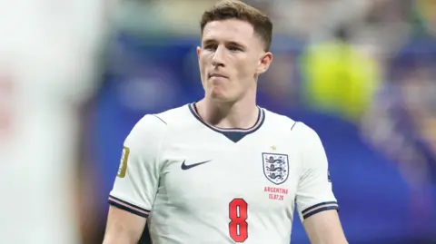 Elliot Anderson in action for England at the World Cup, wearing white kit with number 8 on front of shirt