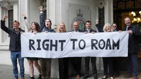 A number of people holding a banner saying right to roam.