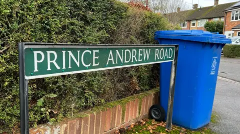 The image shows the road sign for Prince Andrew Road. Next to it is a blue wheelie bin. Behind the sign is a hedge. 