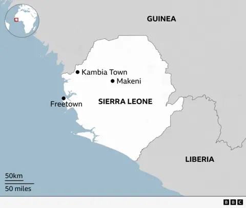 Map showing the location of Sierra Leone with some label for Kambia Town, Makeni and the capital of the country, Freetown.