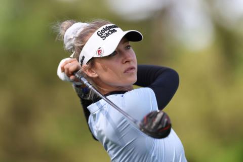 Nelly Korda watches her drive in New Jersey 