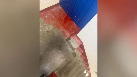 Supplied A photo of concrete stairs with red paint along one side at the base. There is a blue wooden door at the top of the stairs. On the floor is a small puddle of what is believed to be urine.