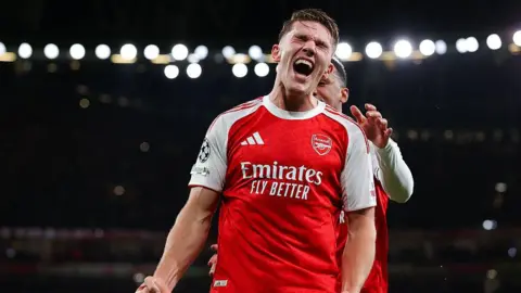 Viktor Gyokeres celebrates scoring for Arsenal in their 4-0 win over Atletico 