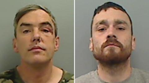 Mugshots of two men, one clean shaven with grey hair and a cut over his eye and the other with a short ginger beard.