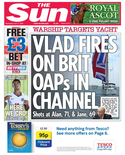 The headline on the front page of the Sun reads: "Vlad fires on Brit OAPs in Channel".