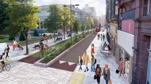A computer generated image of what Lichfield Street could look like, showing a busy city centre high street with people on bikes and walking