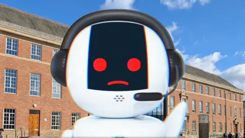 AI robot in front of Derby City Council house