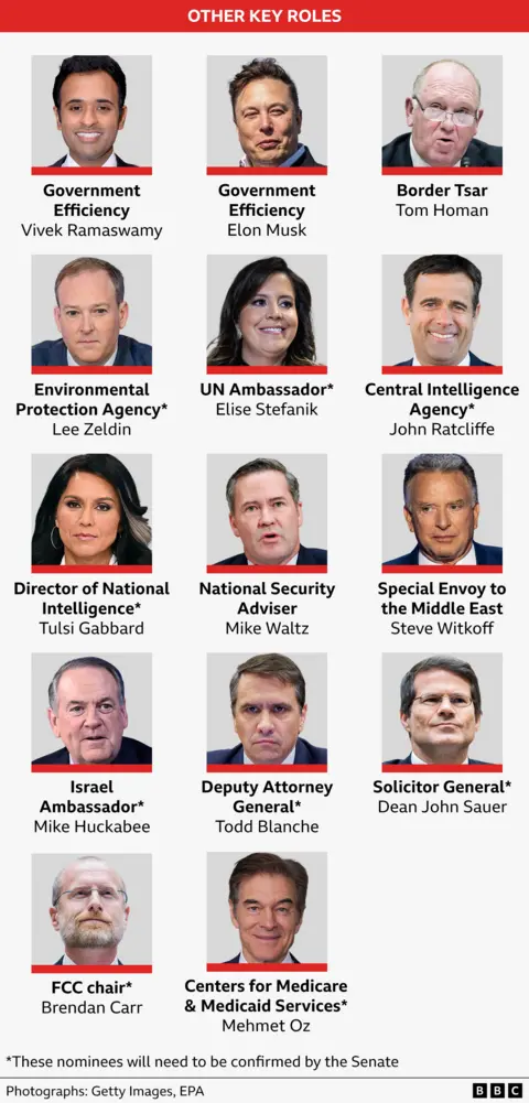 Graphic showing faces of people nominated by Trump for key cabinet-rank roles: Vivek Ramaswamy and Elon Musk for government efficiency; Tom Homan for border tsar; Lee Zeldin for environmental protection; Elise Stefanik for US ambassador to the UN; John Ratcliffe for CIA head; Tulsi Gabbard for director of national intelligence; Mike Waltz for national security adviser; Steve Witkoff for special envoy to the Middle East; Mike Huckabee for US ambassador to Israel; Todd Blanche for deputy attorney general; Dean John Sauer for solicitor general; Brendan Carr for head of the Federal Communications Commission; and Mehmet Oz for head of the Centers for Medicare & Medicaid Services