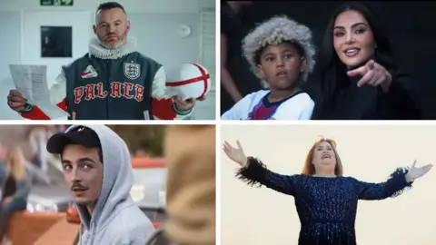 Wayne Rooney as William Shakespeare, Kim Kardashian and her son, Timothee Chalamet and Susan Boyle - in a four-way split picture. All images taken from prominent recent World Cup adjacent adverts 