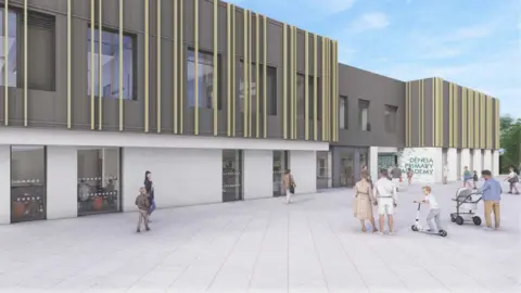 Artist's 3D impression of Deneia Primary School. It is a two-story building with a flat roof, and children and parents are outside of it.