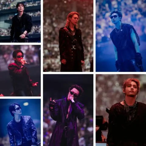 HYBE / Big Hit Music A collage showing individual portraits of BTS on stage in London