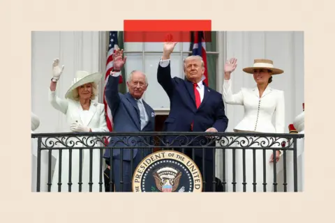 Reuters U.S. President Donald Trump, Britain's King Charles, Queen Camilla and U.S. first lady Melania Trump wave from a balcony