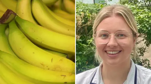 An edited image shows bunches of bananas and a woman smiling at the camera
