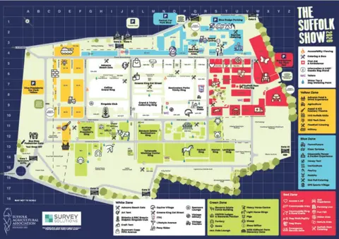 Suffolk Show A map of the Suffolk Show showground, there are icons showing various areas and denoting stalls.