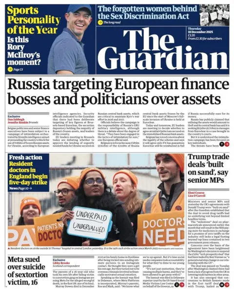 The headline on the front page of the Guardian reads: "Russia targeting European finance bosses and politicians over assets".