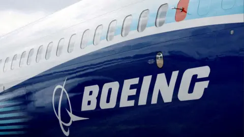 Reuters File photo of a Boeing logo on the side of a 737 MAX at the Farnborough International Airshow.