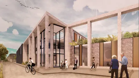 An artist's impression of how the new Berwick hospital would look. It shows a two-storey brick building with pillars, a lot of glass and a section with a roof garden.