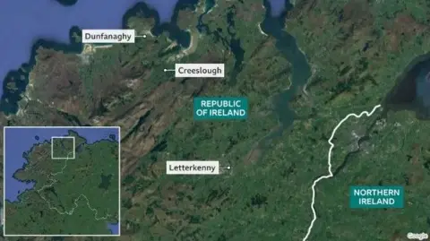 Map showing where Creeslough is and its proximity to the border with Northern Ireland